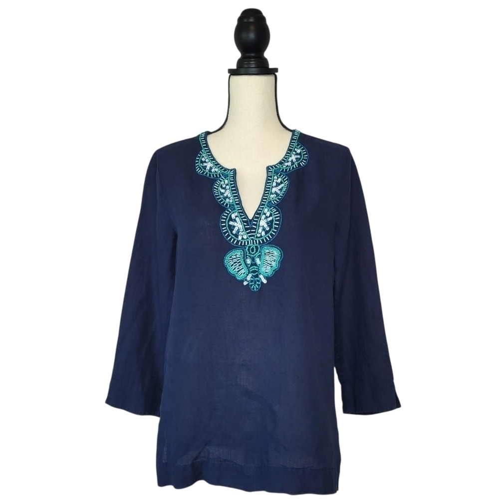 Lilly Pulitzer Top Amelia Island Blue Turquoise White Beaded Linen Tunic Size S